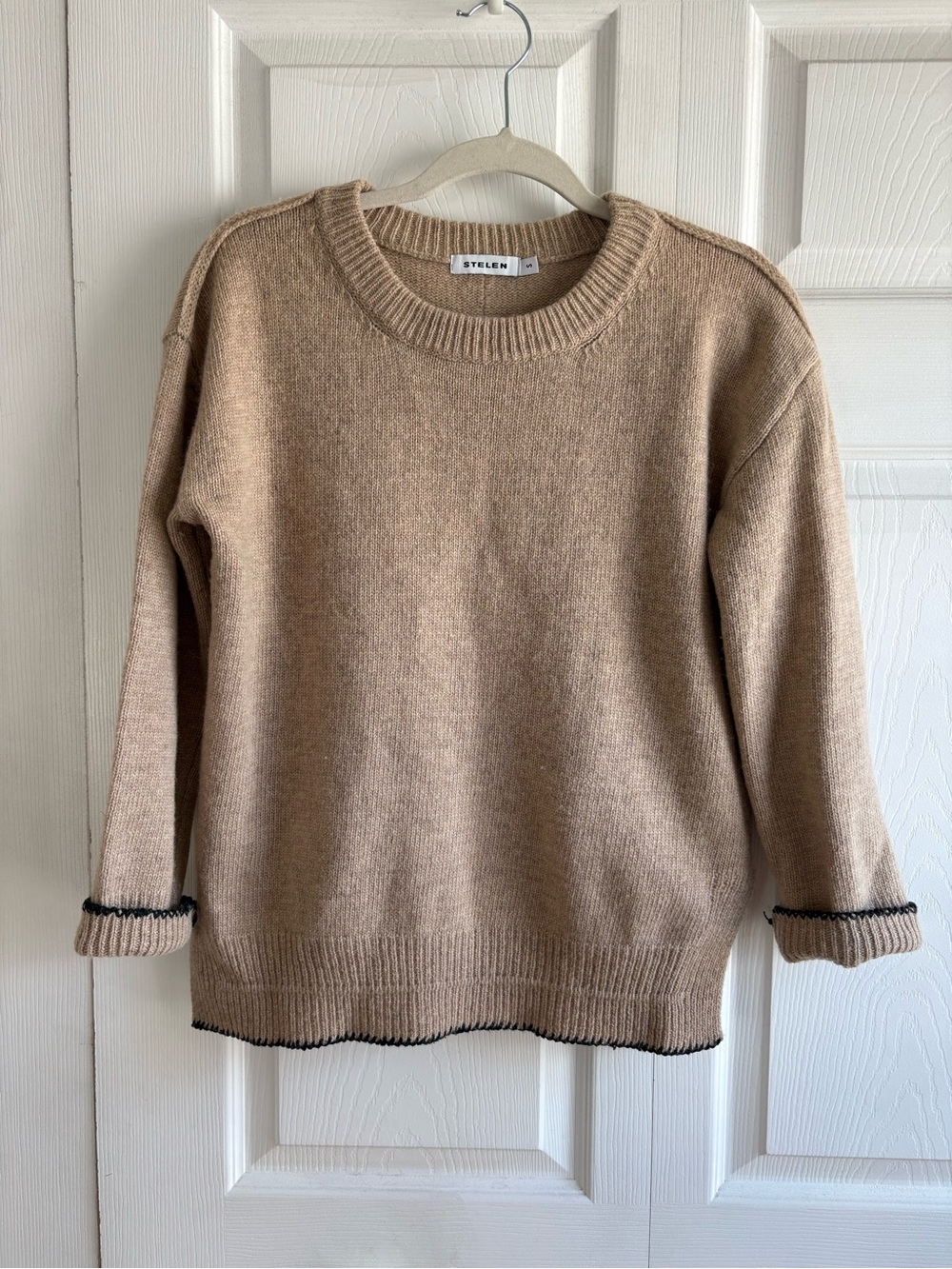 Stelen Tan Beige Wool Blend Sweater Blanket Stitch Trim Academia Career Preppy S